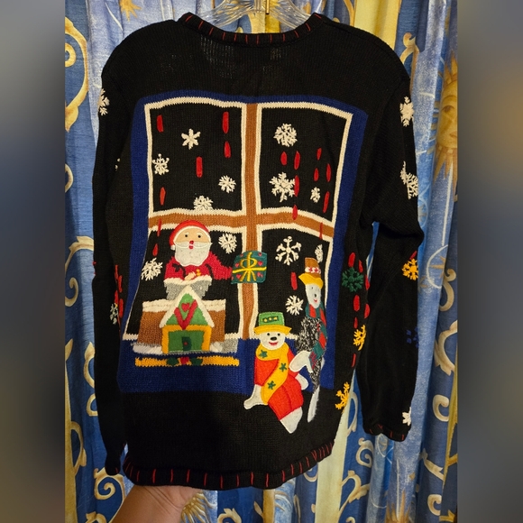 Vintage Black Snowflake/Santa/Snowman Pattern Sweater Size Medium - Picture 6 of 7